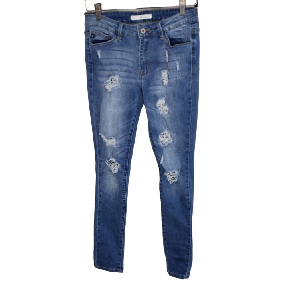 Kancan Midrise Distressed Ripped Slim Stretchy Skinny Jeans Button Zip 5‎ 26